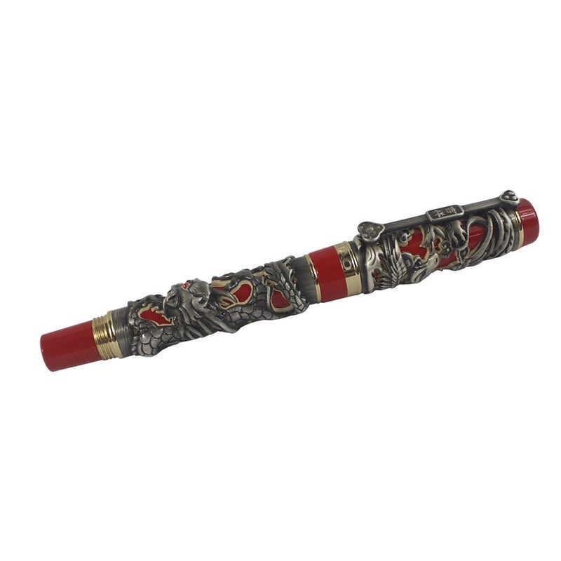 zoohot Jinhao Rollerball Pen Dragon/Loong & Phoenix Antique Silver and Red Screw Cap - Image 2
